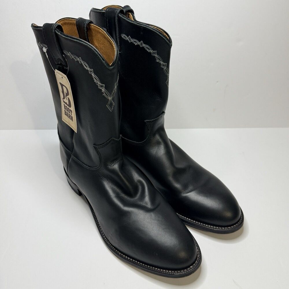 JUSTIN Black Leather Roper Toe Boots Mens 10.5 D Western Diamond and Scroll New